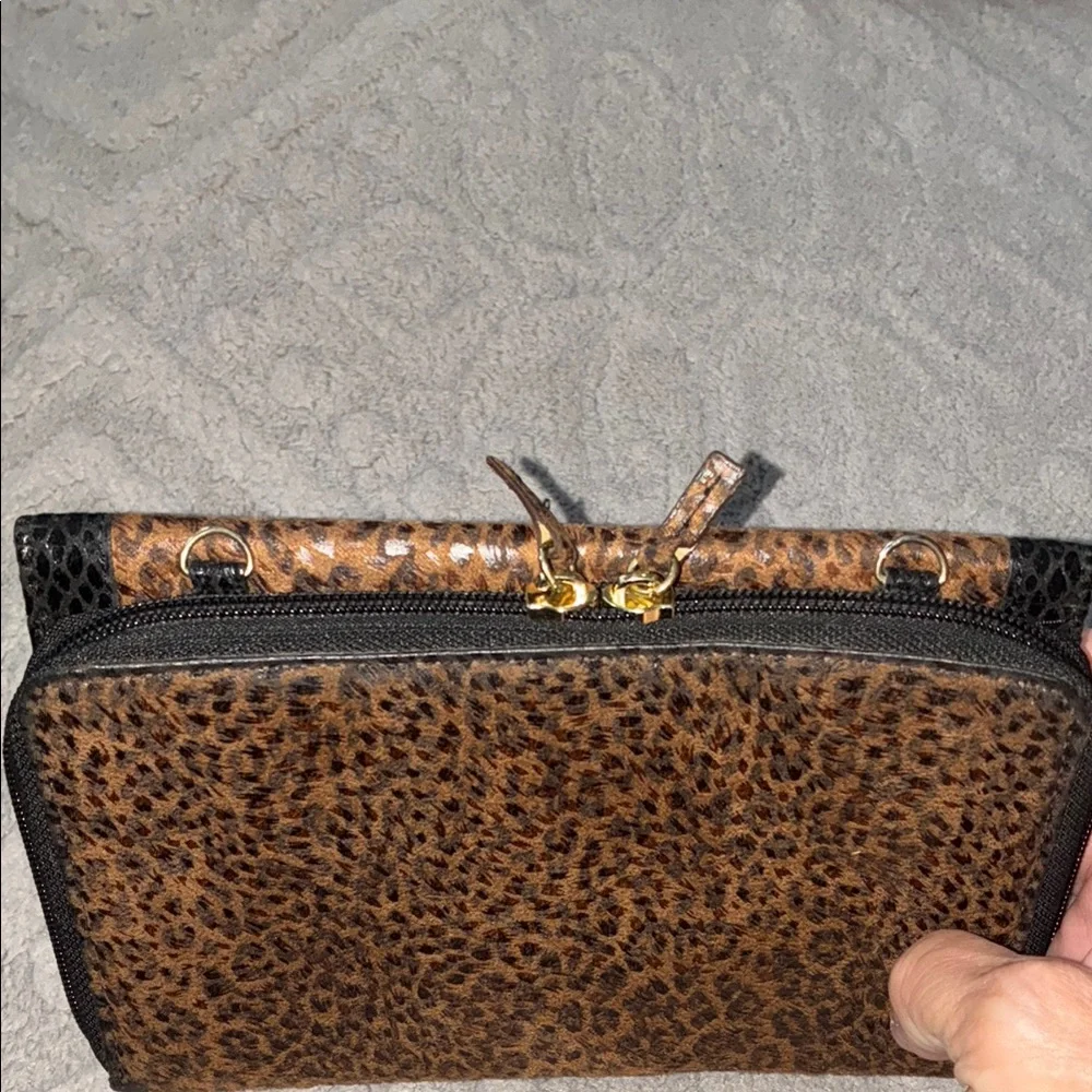 Brown and Black Leopard Print Clutch with Studded Trim